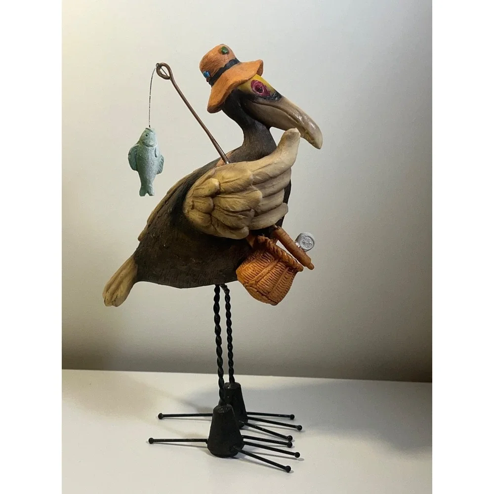 Whimsical Fisherman Crow Figurine with Spring To Bobble Resin Sculpture